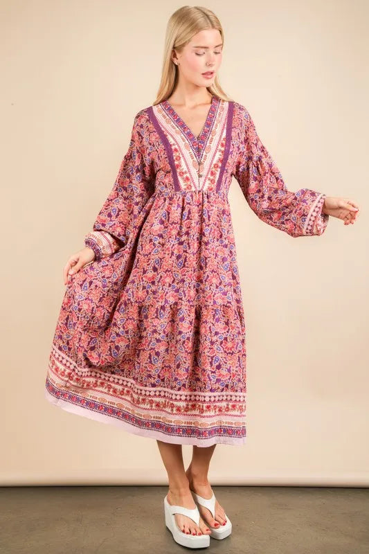 Floral Printed Boho V-Neck Balloon Sleeve Dress For Summer – Boho V-Neck Dress, Balloon Sleeve Dress, Floral Printed Dress, Feminine Boho Dress, Chic Summer Dress