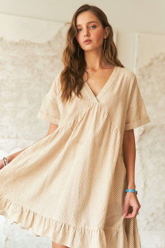 Ruffled Hem Striped V-Neck Babydoll Dress For Women – Playful, Chic, Versatile, Perfect for Casual to Semi-Formal Occasions
