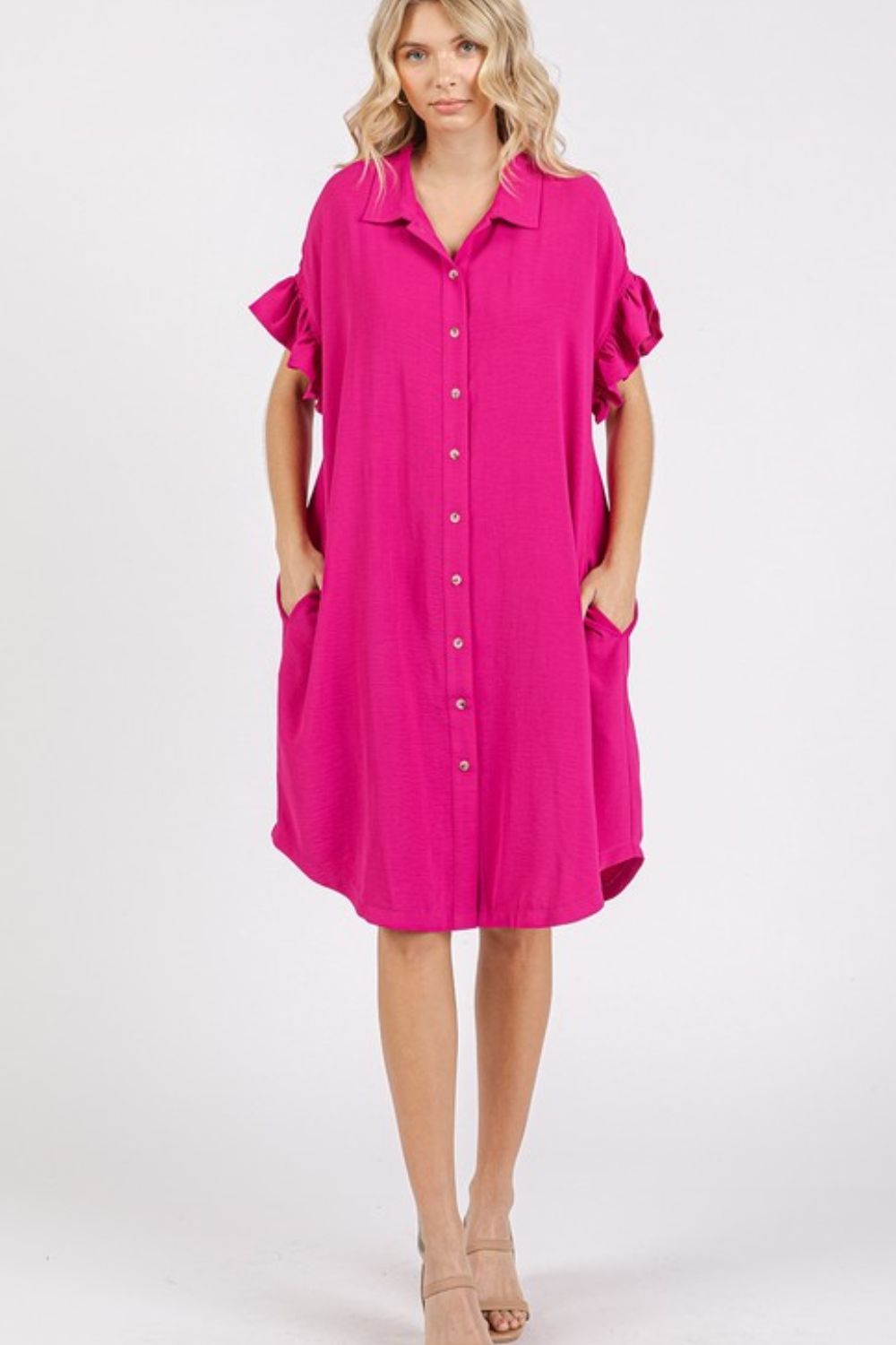 New Button Down Flounce Sleeve Dress with Pockets For Women – Trendy, Casual, Feminine, Practical & Stylish Design For Any Occasion