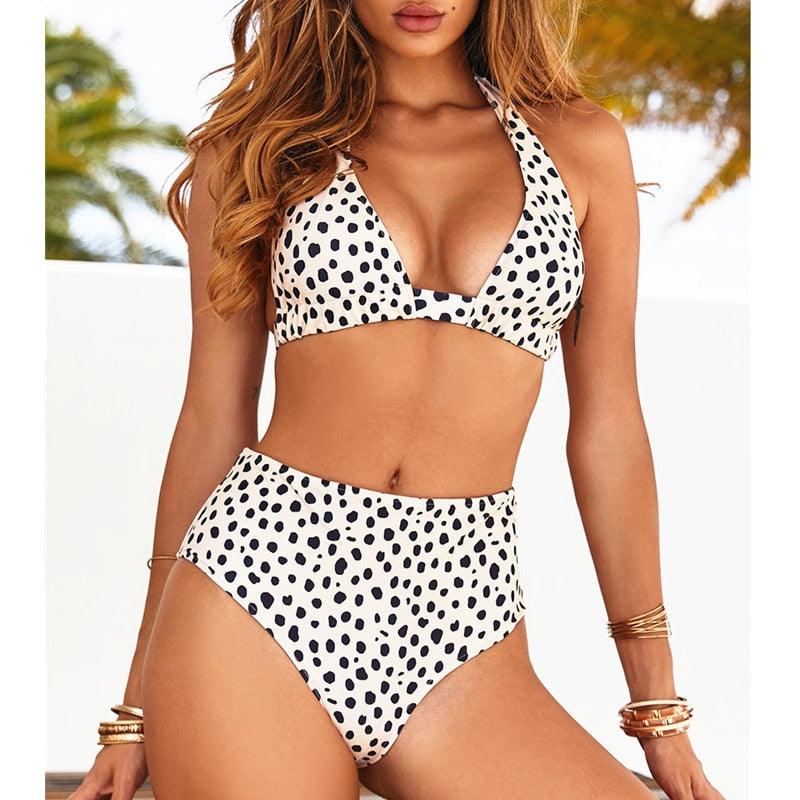 Beautiful Multicolored Women High Waist Bikini Swimwear Women Halter Push Up Bikini Set Swimsuit Women's Flower Print Bikini High Waist Beach Swimsuits Sporty Two Piece Bathing Suit Female Beach Wear Bathing Suit