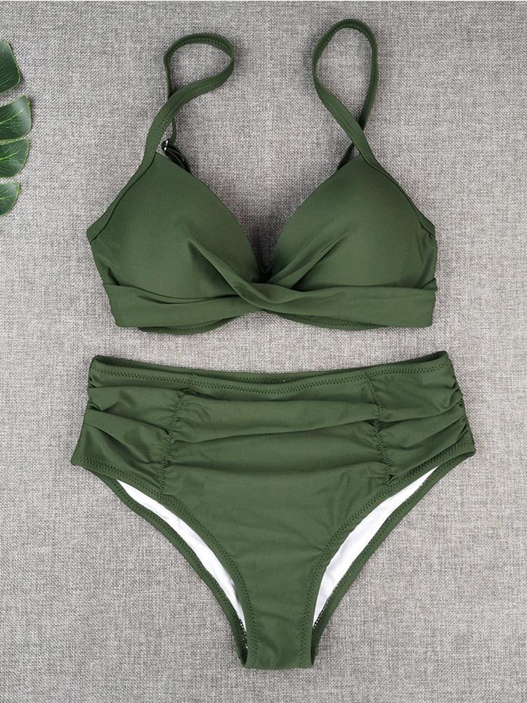 Bikini Sets Solid Color Swimsuit  Mid-Waist  Gather Cup Bikinis Women Swimwear Female Bathing Suits Beach wear  Two Piece Swimsuits Triangle Bikini swimsuits for Women