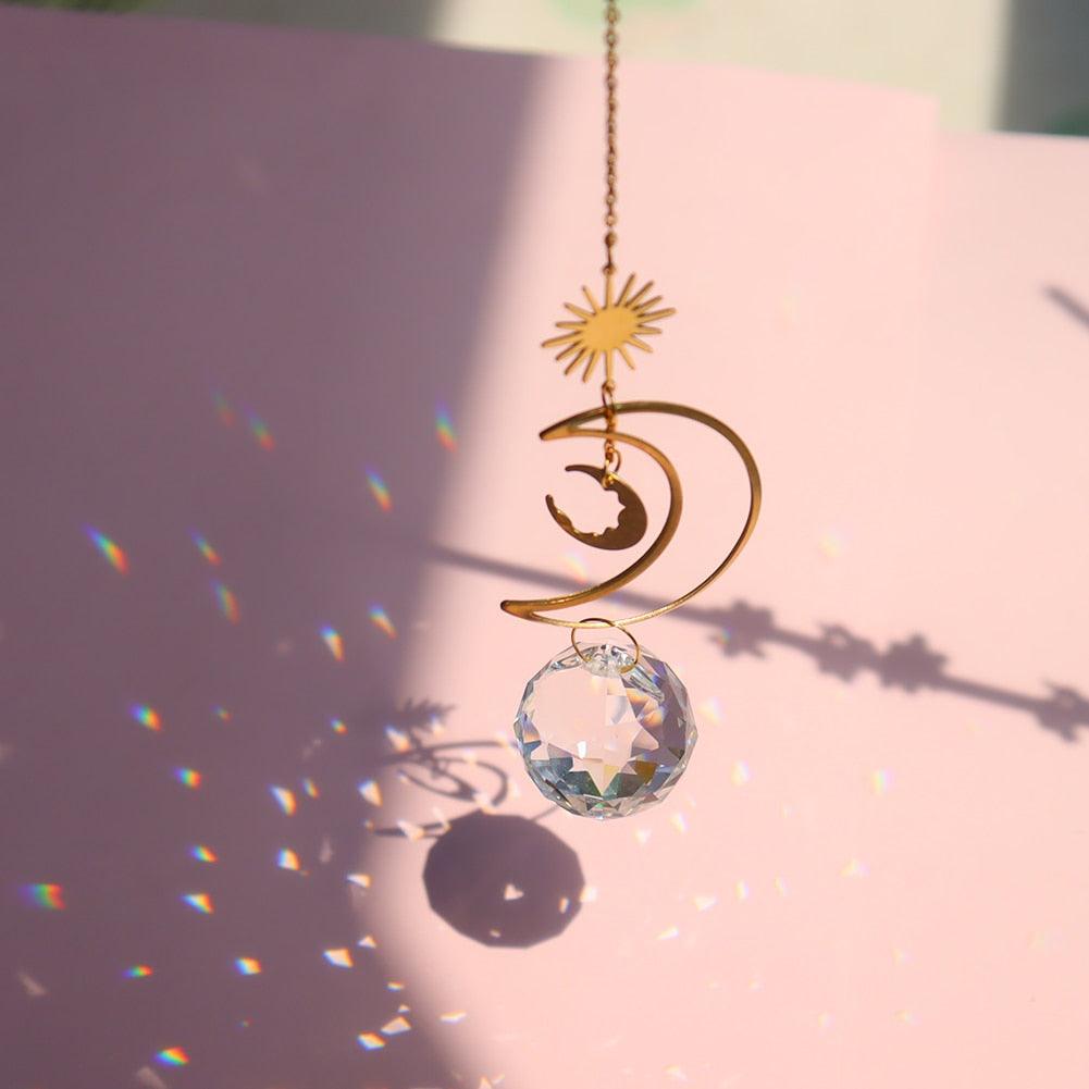 Chandelier Crystal Wind Chime Pendant Metallic Hoop Moon Rainbow Maker Sun Hanging Drop Crystal For Window Curtains Home Decor Gifts Photography Prop