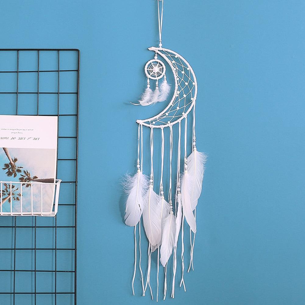 Dream Catcher Wall Decor with White Feathers Indian Style Dream-catcher Moon Handmade Wind Chimes Wall Ornament Girls Room Decoration Feather Dream Catcher For Kids Women Wedding Bohemian Wall Decor
