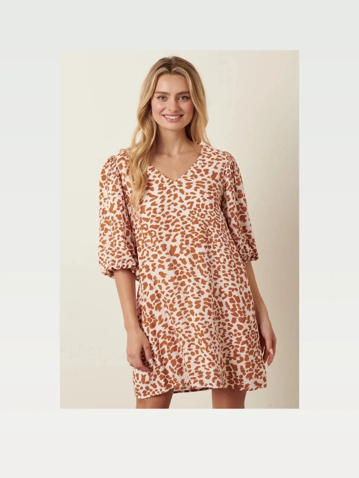 Animal Print Puff Sleeve Mini Dress in Mustard